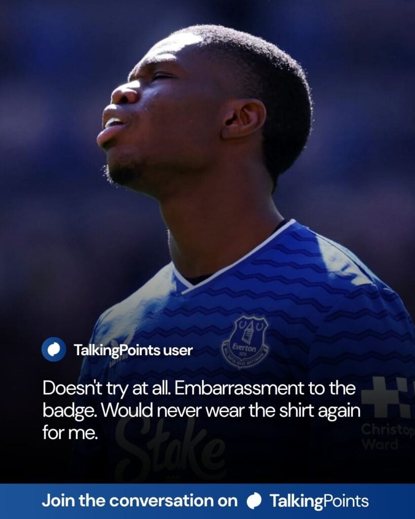 Thierno Barry of Everton reacts during the Premier League match between Everton and Liverpool at Hill Dickinson Stadium.
