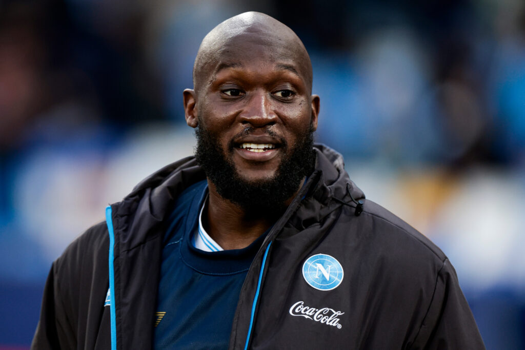 Napoli's Belgian forward Romelu Lukaku looks on.