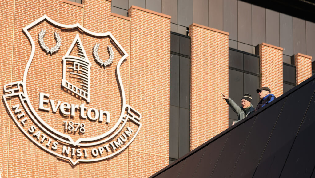 General view of the Hill Dickinson Stadium, showing Everton badge