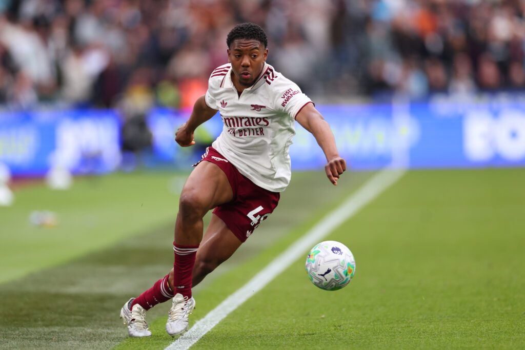 Myles Lewis-Skelly playing for Arsenal.