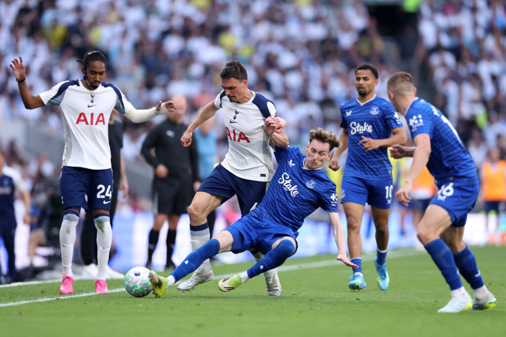 James Garner makes a tackle for Everton against Tottenham.