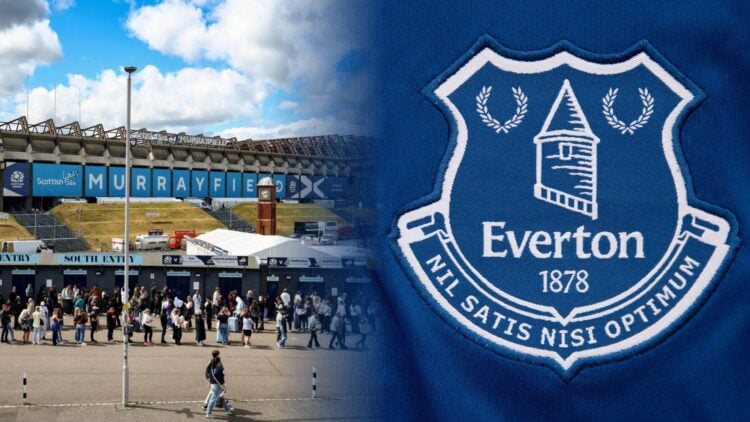 Taylor Swift fans queue outside Murrayfield stadium ahead of tomorrow nights concert on June 06, 2024 in Edinburgh. Everton FC club badge.
