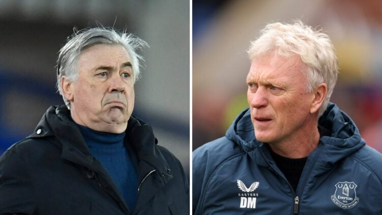 Carlo Ancelotti managing Everton (left), David Moyes managing Everton (right)