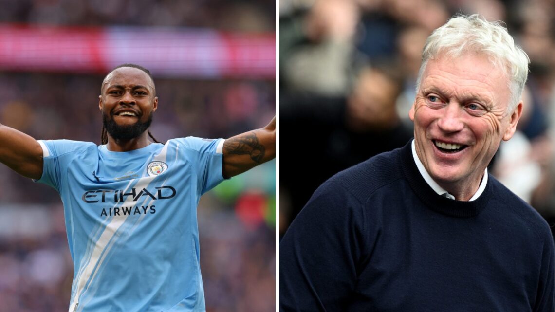 Antoine Semenyo scores for Man City in the FA Cup final. David Moyes reacts during Man City vs Everton.