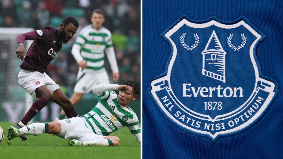 Beni Baningime plays for Hearts against Celtic. Everton badge.
