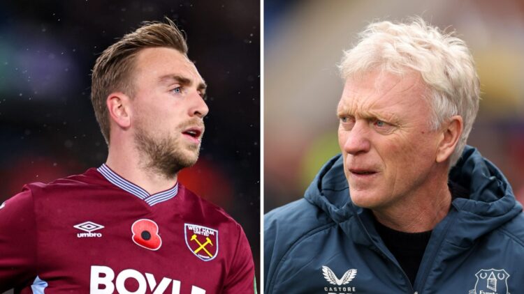 Jarrod Bowen playing for West Ham (left), David Moyes managing Everton (right)