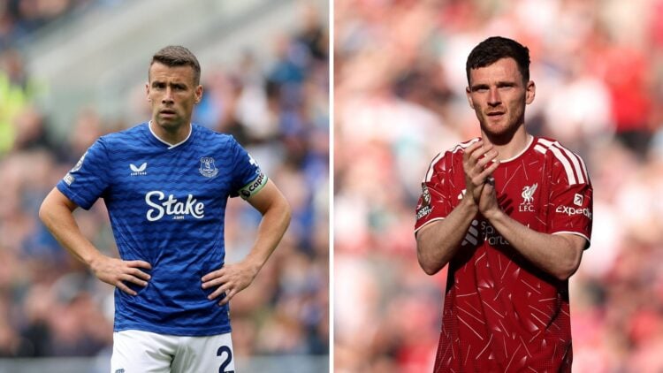 Seamus Coleman playing for Everton (left), Andy Robertson playing for Liverpool (right)