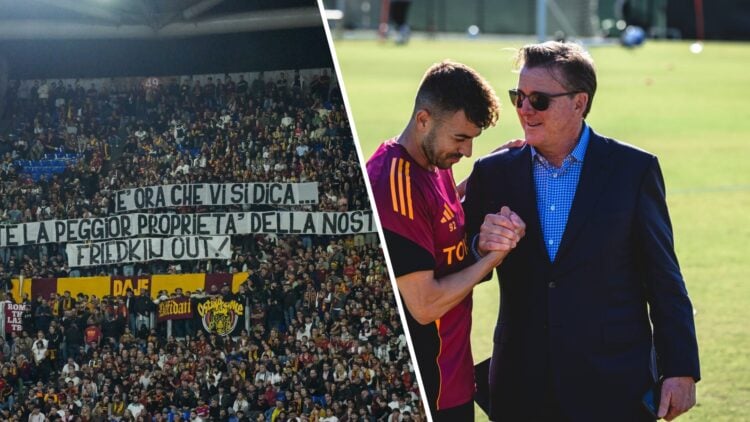 Dan Friedkin at Roma's training ground. Roma supporters protest against The Friedkin Group.