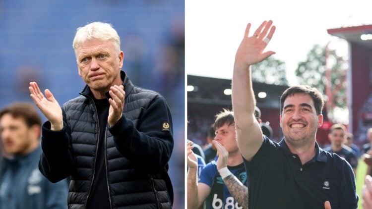 David Moyes reacts after Everton v Sunderland. Andoni Iraola waves to Bournemouth fans after facing Nottingham Forest.