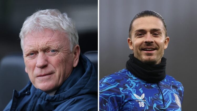 David Moyes reacts during Newcastle United vs Everton. Jack Grealish warms up ahead of Aston Villa vs Everton.