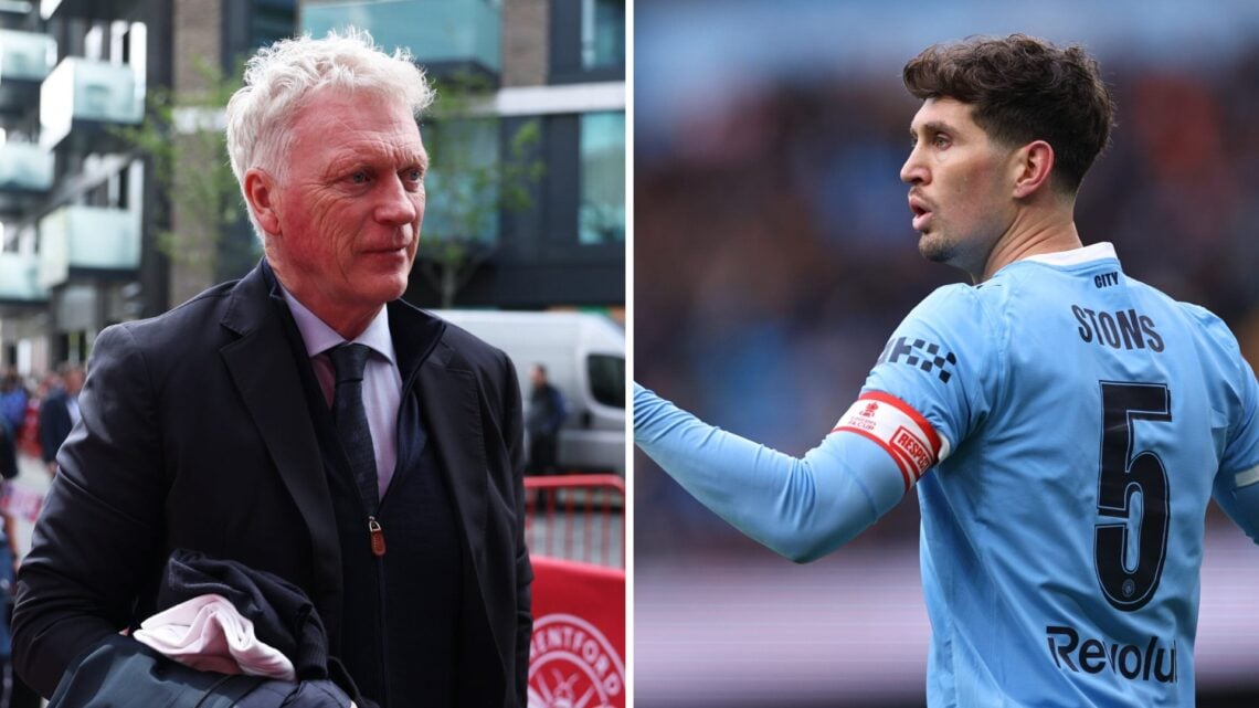 David Moyes ahead of Brentford vs Everton. John Stones reacts during Man City vs Southampton.
