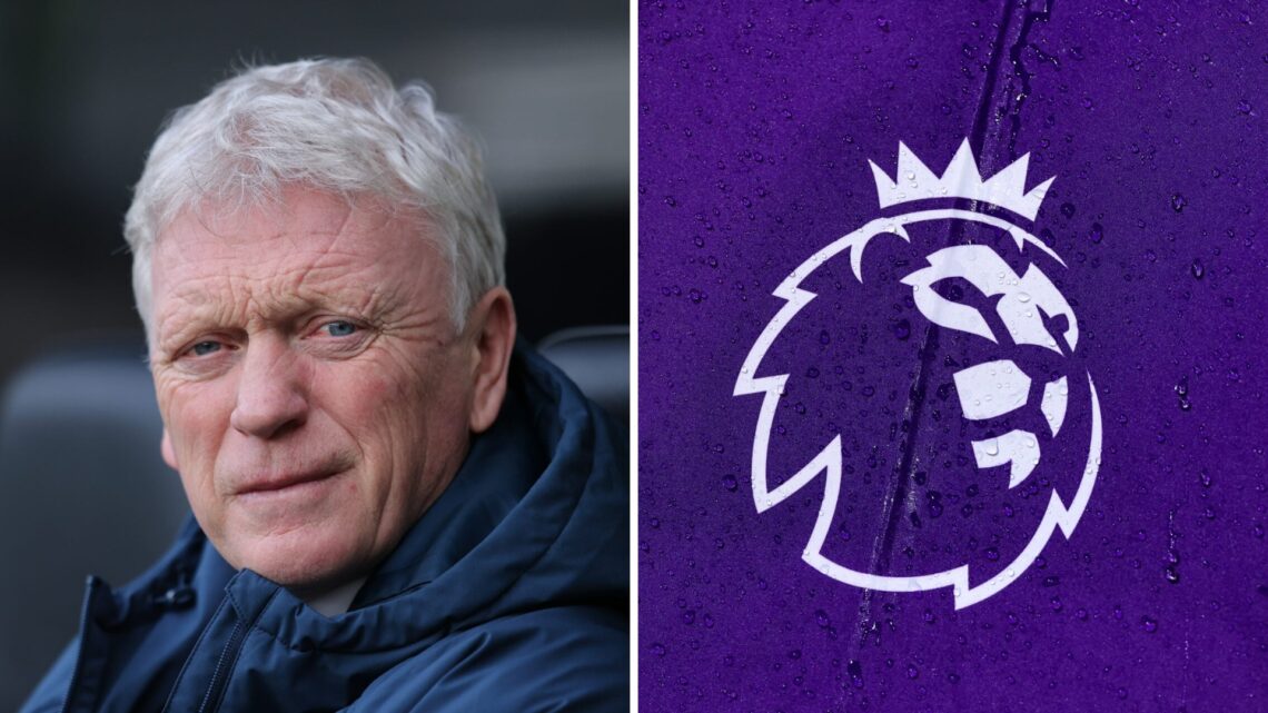 David Moyes sits in the dugout ahead of Newcastle United vs Everton. The Premier League logo.
