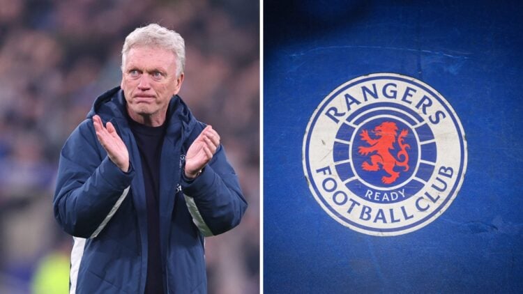 David Moyes, manager of Everton applauds the fans at full time during the Premier League match between Everton and Chelsea. Rangers badge.