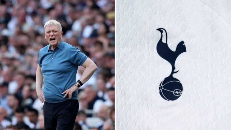 David Moyes reacts during Tottenham Hotspur vs Everton. Tottenham badge.