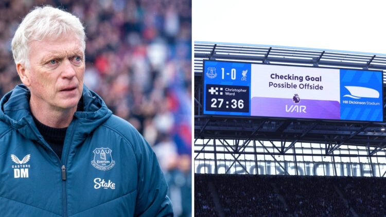 David Moyes reacts during Crystal Palace vs Everton. VAR reviews an offside goal in Everton vs Liverpool.