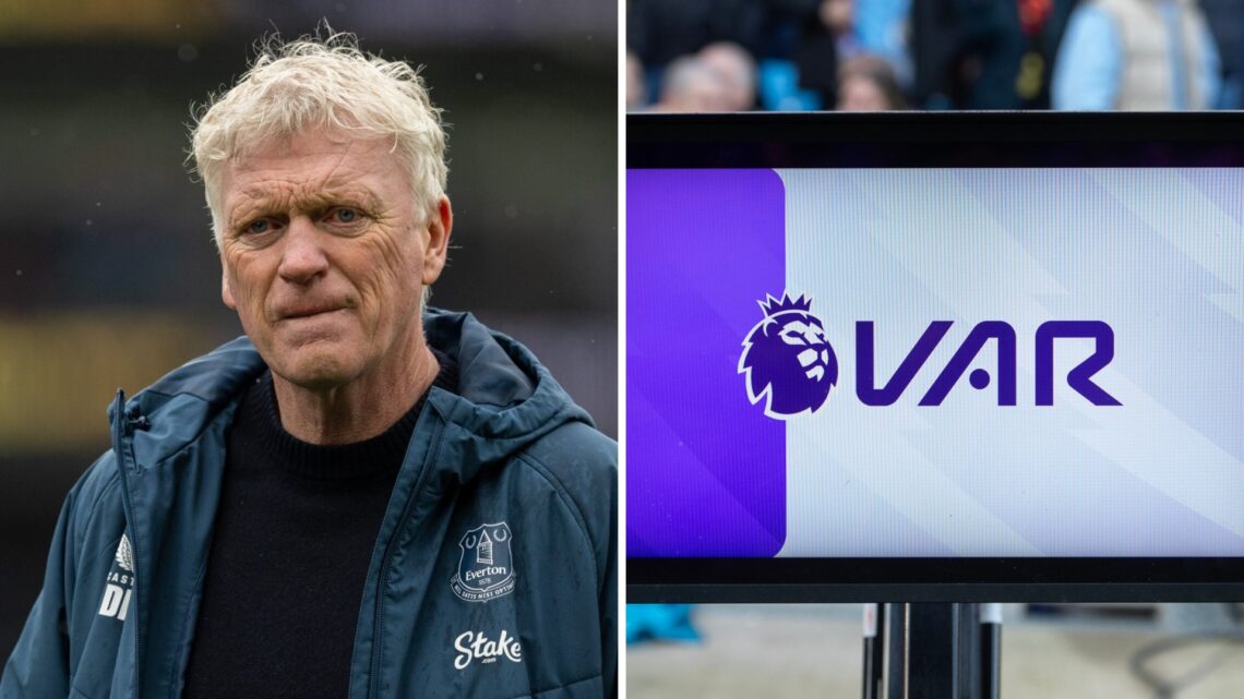 David Moyes reacts during Crystal Palace vs Everton. VAR monitor.