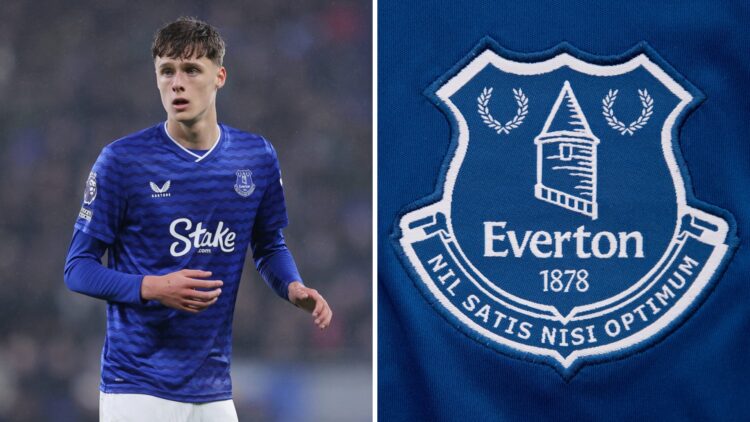 Harrison Armstrong reacts during Everton v Bournemouth. Everton badge.