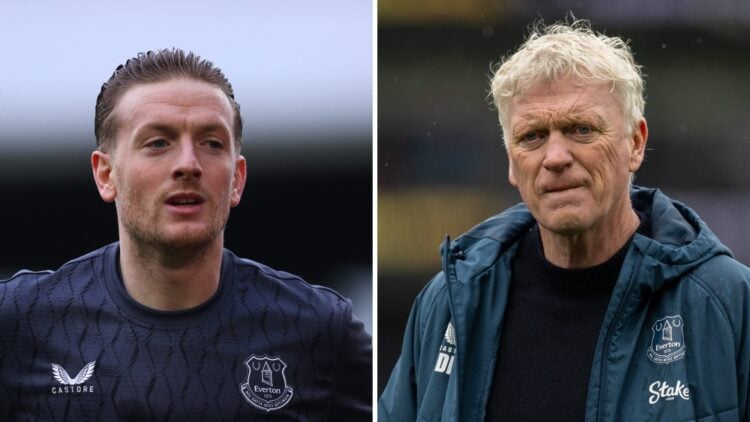 Jordan Pickford reacts during Everton vs Fulham. David Moyes looks on during Crystal Palace vs Everton.