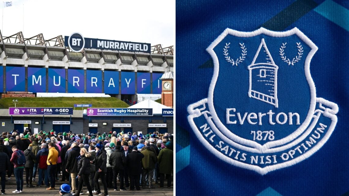 Murrayfield Stadium before Scotland v Ireland – Guinness Six Nations Rugby Championship. Everton badge.