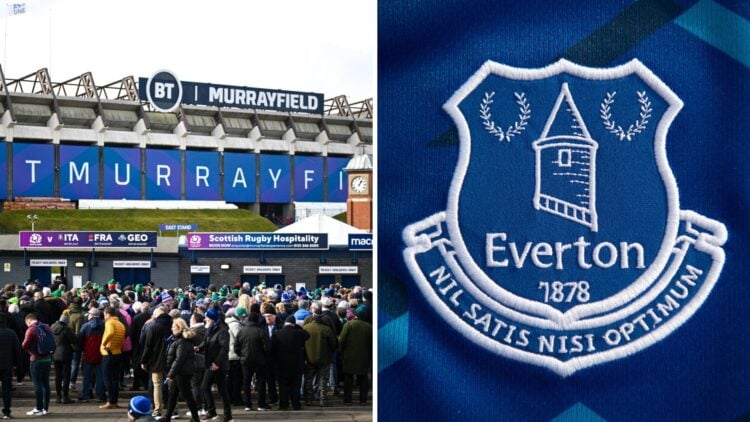 Murrayfield Stadium before Scotland v Ireland – Guinness Six Nations Rugby Championship. Everton badge.