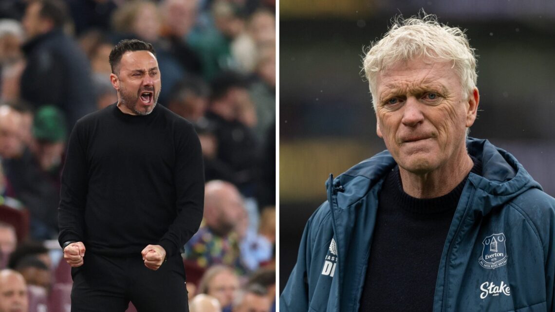 Roberto De Zerbi celebrates during Aston Villa v Tottenham Hotspur. David Moyes reacts to Crystal Palace vs Everton.