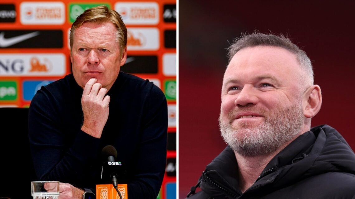 Ronald Koeman speaks at a press conference for the Dutch national side. Wayne Rooney works as a pundit for BBC Sport.