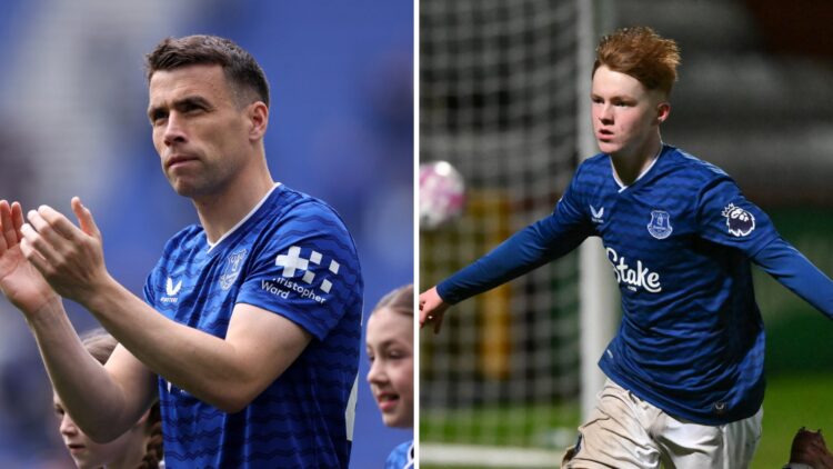 Seamus Coleman claps the Everton supporters. Braiden Graham celebrates after scoring against Tottenham Hotspur U21.