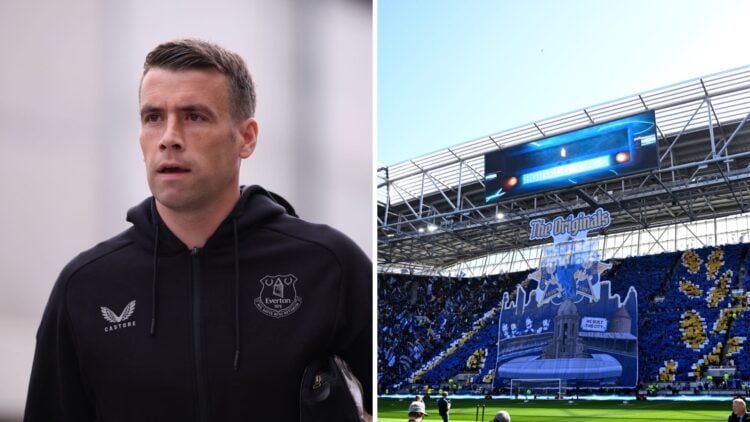 Seamus Coleman ahead of Leeds United vs Everton. Everton tifo ahead of the Merseyside Derby.