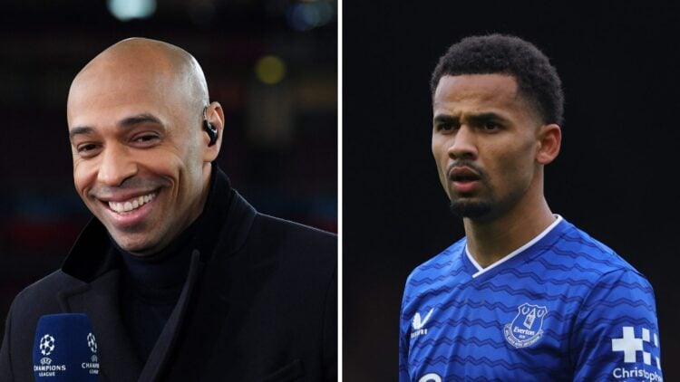 Thierry Henry smiling (left), Iliman Ndiaye playing for Everton (right)