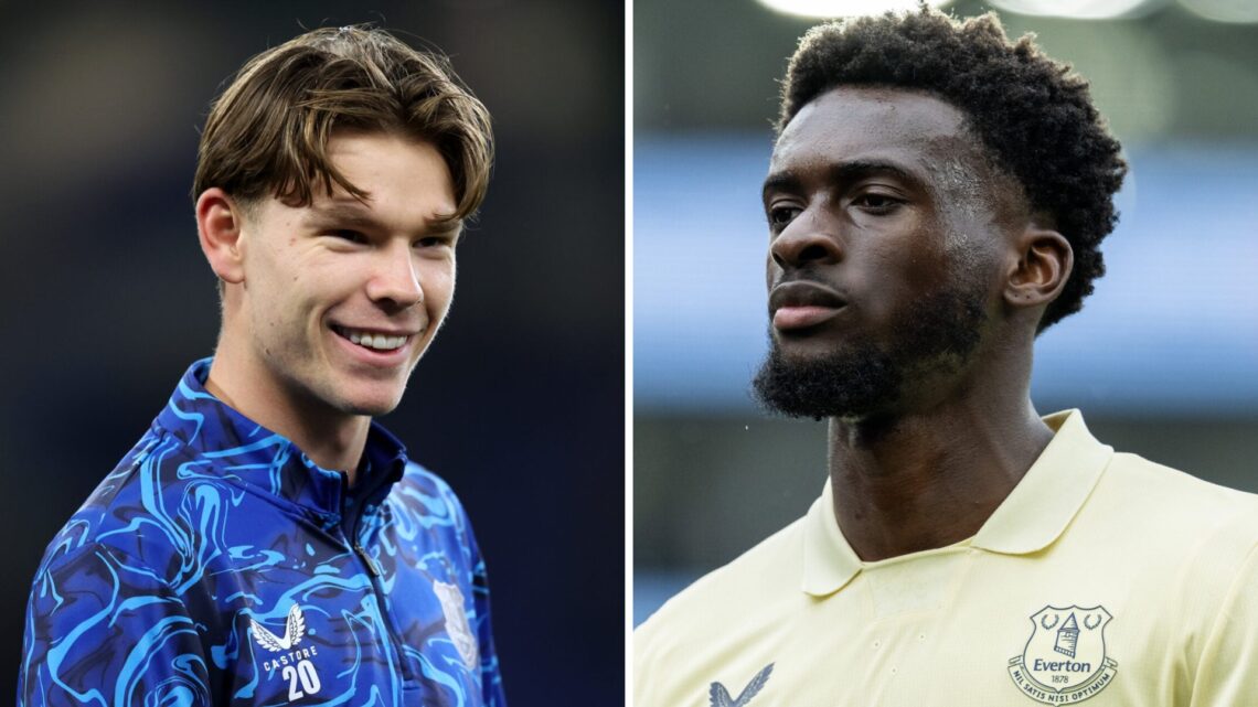 Tyler Dibling ahead of Everton vs Arsenal. Tim Iroegbunam reacts during Crystal Palace vs Everton.