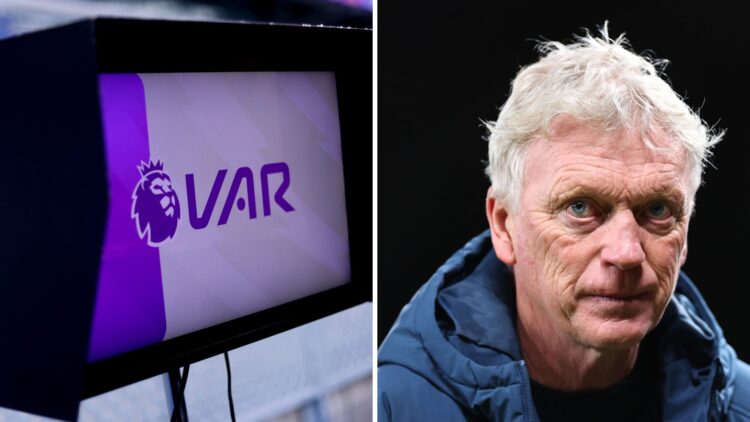 VAR monitor. David Moyes reacts during Manchester United vs Everton.