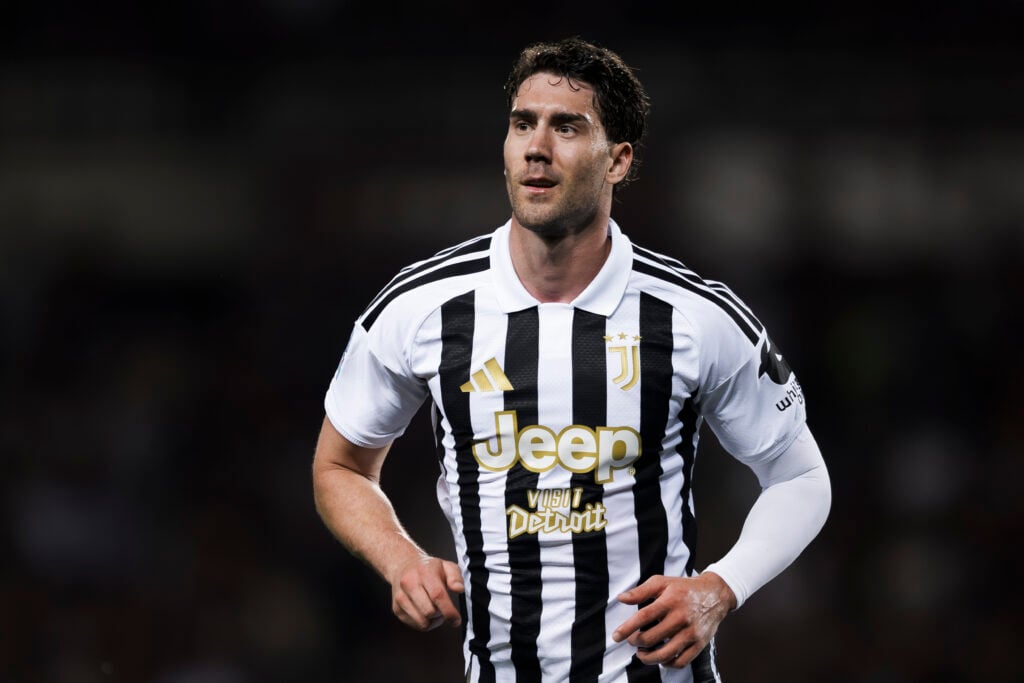 Dusan Vlahovic of Juventus FC celebrates after scoring a