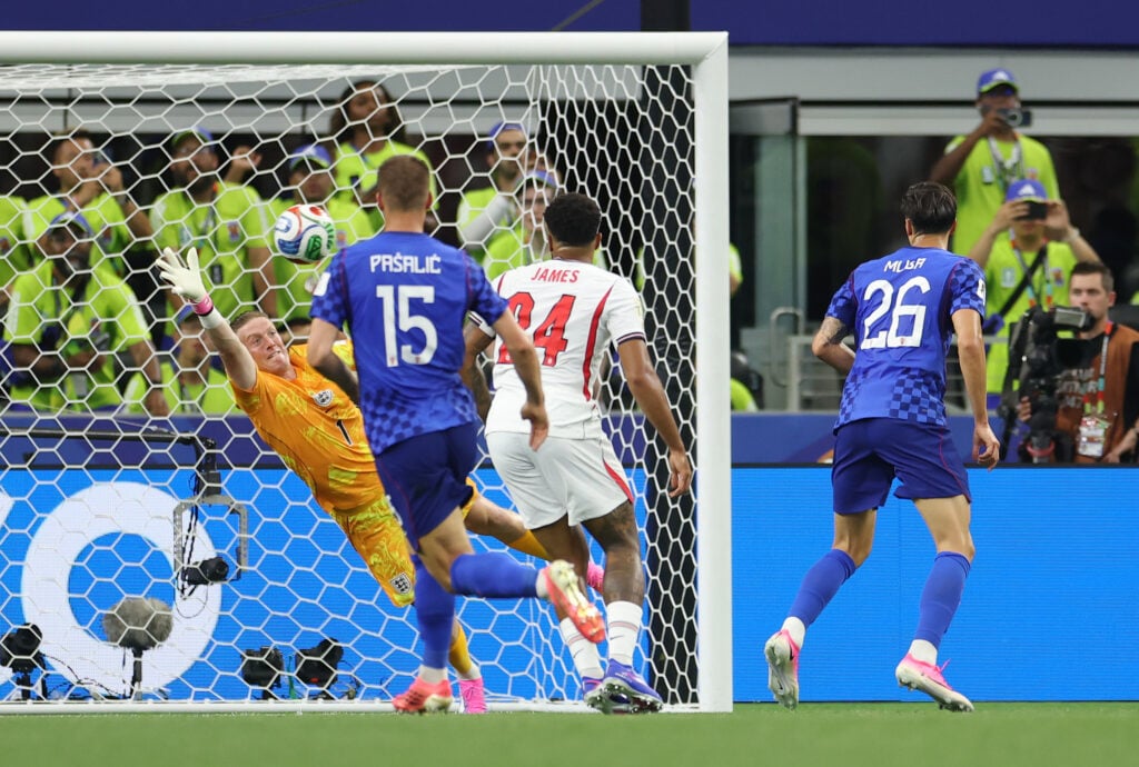 Jordan Pickford is beaten by Martin Baturina's strike in England vs Croatia.