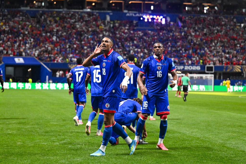 Wilson Isidor celebrates after scoring for Haiti.