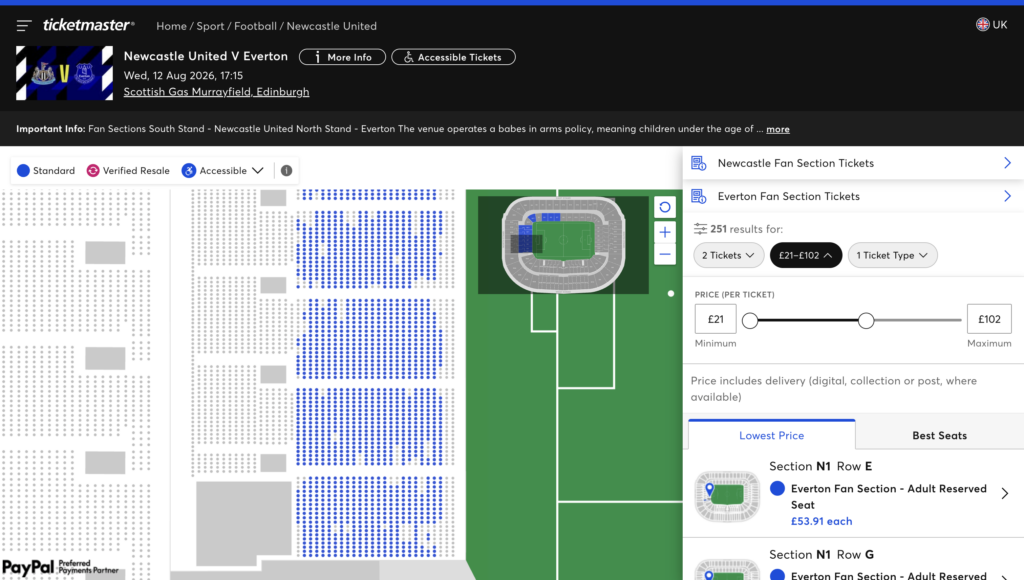 Ticketmaster's available seats for Everton vs Newcastle United.