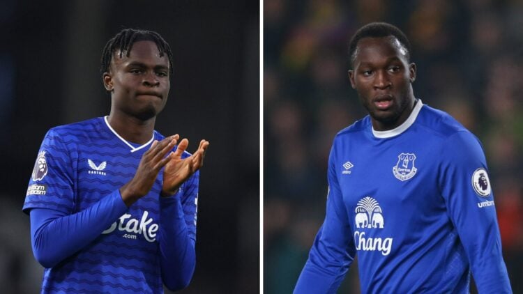 Tyrique George playing for Everton (left), Romelu Lukaku playing for Everton (right)