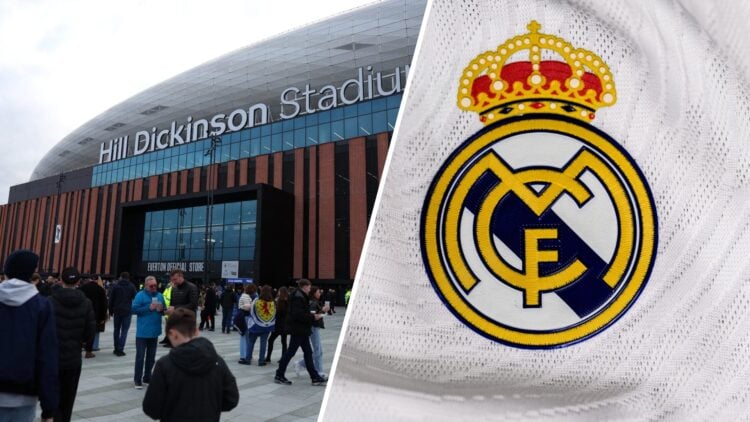 Hill Dickinson Stadium ahead of Scotland vs Ivory Coast. Real Madrid badge.