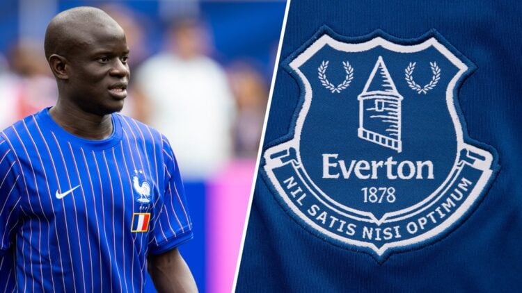 Ngolo Kante of France warms up prior to the FIFA World Cup 2026 Group I match between Norway and France. Everton badge.