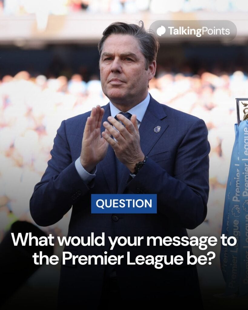 Richard Masters the Chief Executive Officer of the Premier League stands next to the Premier League trophy after the Premier League match between Manchester City and Chelsea FC.