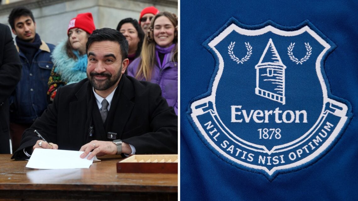 New York City Mayor Zohran Mamdani signs executive orders with campaign volunteers during an appearance at Grand Army Plaza. Everton badge.