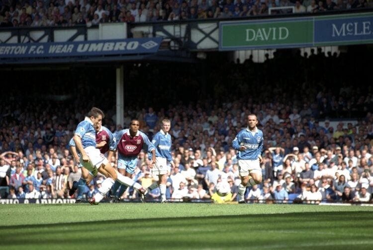 15 Aug 1998: John Collins of Everton misses a penalty against Aston Villa in the FA Carling Premiership at Goodison Park in Liverpool, England. T...