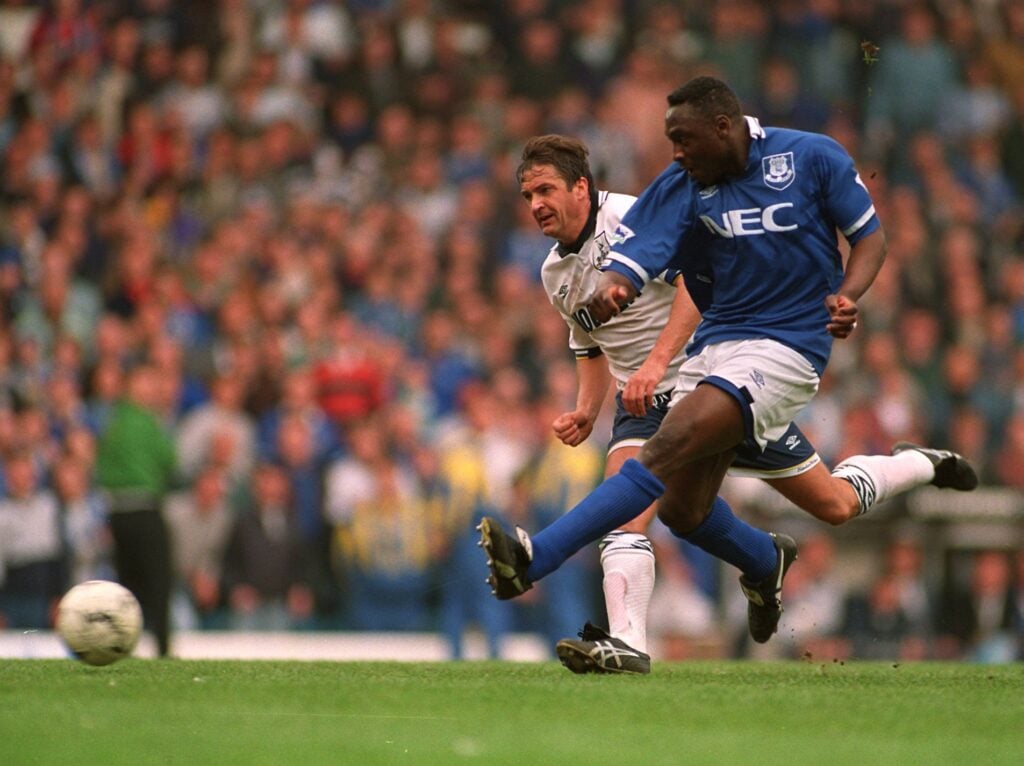 Daniel Amokachi playing for Everton.