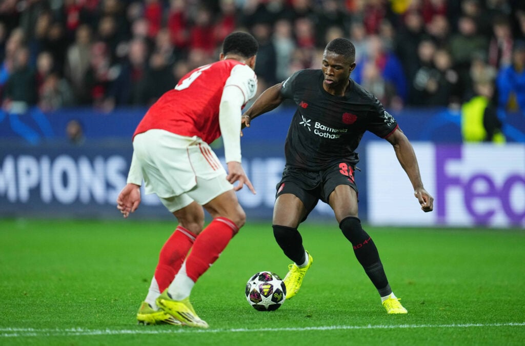 Christian Kofane playing for Bayer Leverkusen.