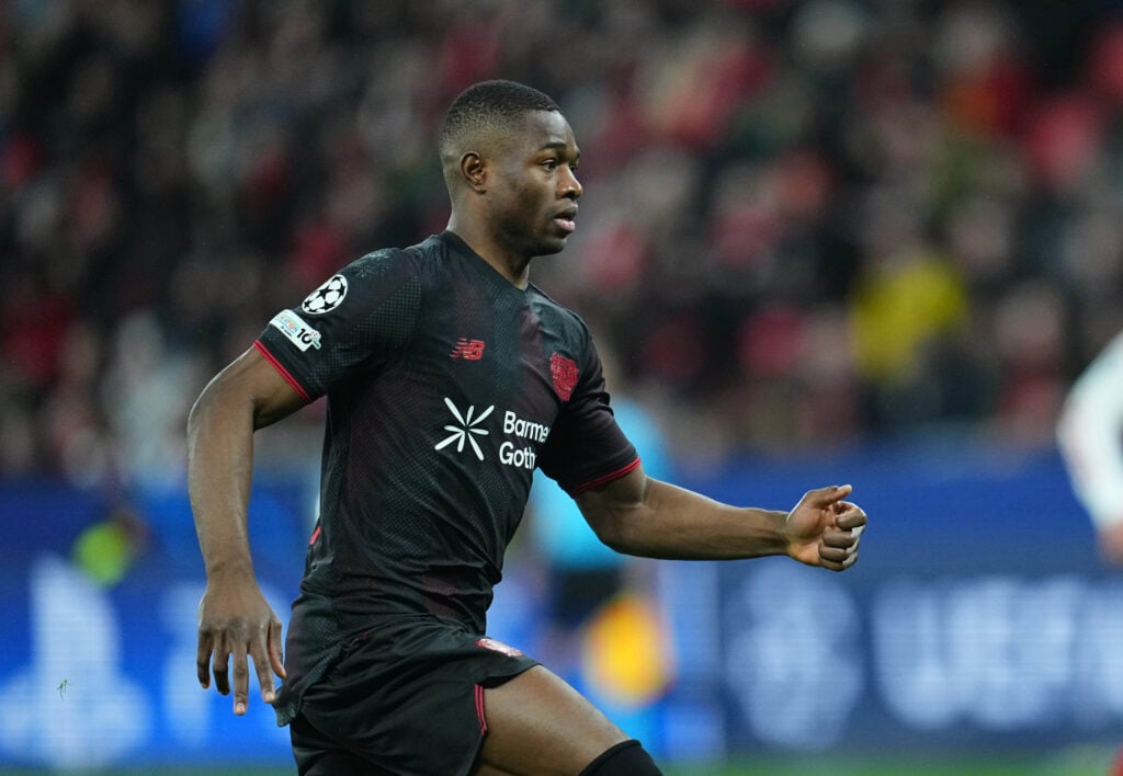 Christian Kofane playing for Bayer Leverkusen.