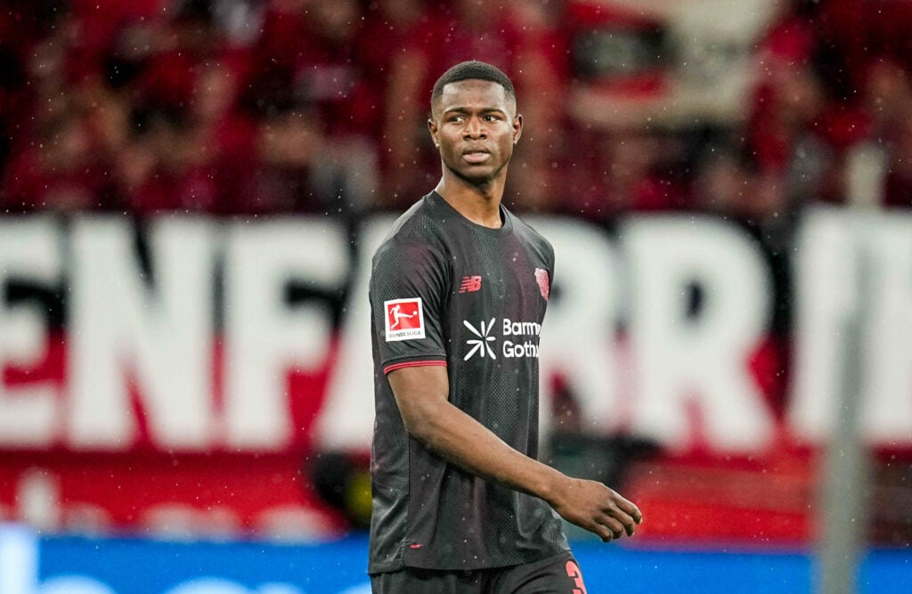 Christian Kofane playing for Bayer Leverkusen.