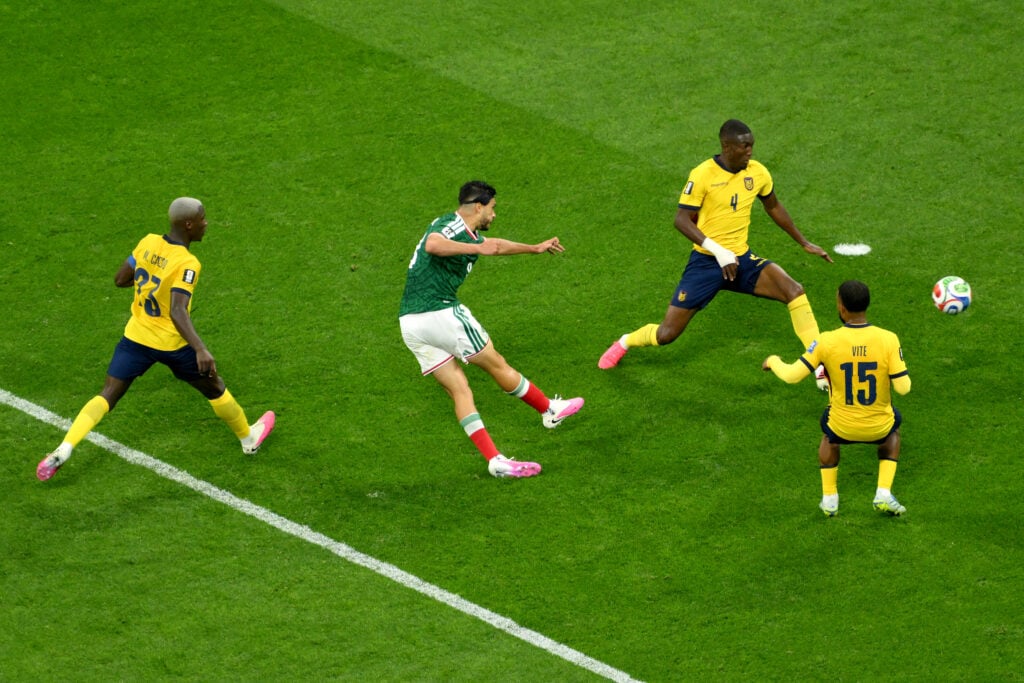 Raul Jimenez scores for Mexico.