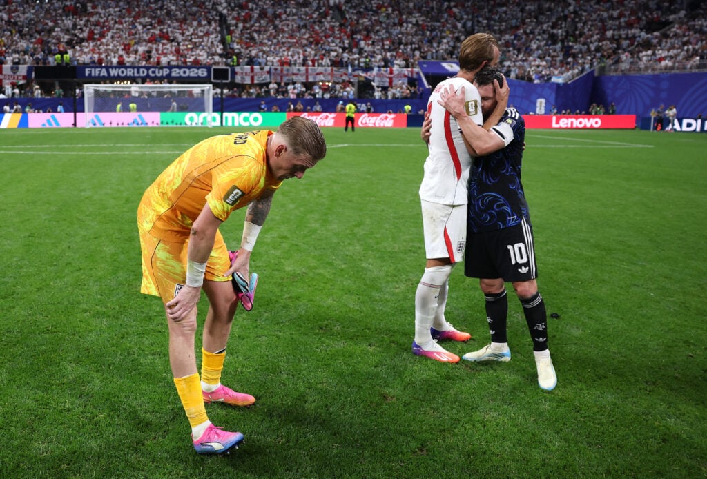 Jordan Pickford looks dejected after losing with England.
