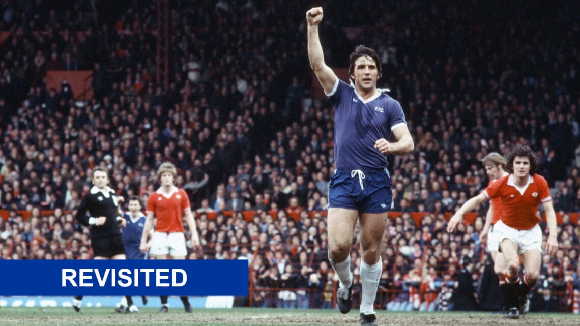 Bob Latchford celebrates after scoring for Everton.