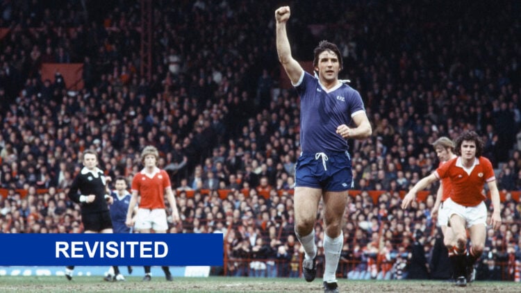 Bob Latchford celebrates after scoring for Everton.