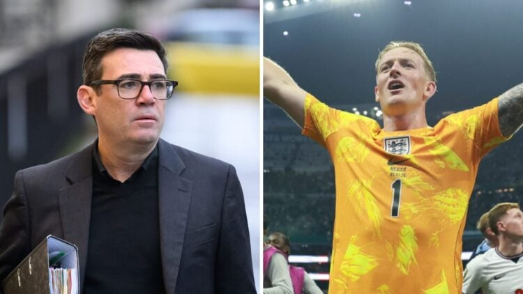 Andy Burnham looks on (left), Jordan Pickford celebrates for England (right)